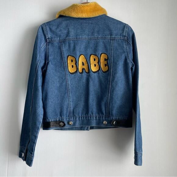 Samantha Sipos Babe jean jacket faux fur collar fuzzy lettermen style letters - Picture 7 of 12
